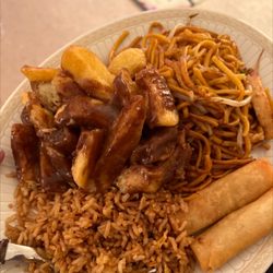 Welcome Chinese - Chicken chow main gravy chips and fried rice  With mini egg rolls or spring rolls not sure yet.  Yummy