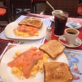 Leopard - Best protein brekkie on the island! Scrambled eggs and fresh salmon! Toast and coffee. All for the bargain price of €6.95 each! - Wok Near Me - Ibiza, PM