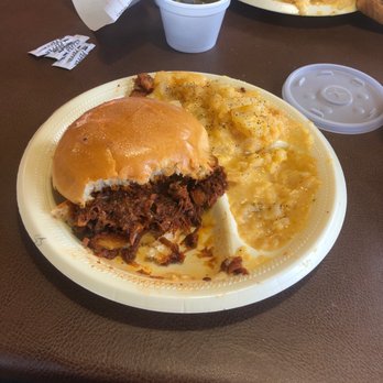Baker's Ribs - Sloppy Joe with a double helping of the scalloped potatoes - Barbeque Near Me - Mesquite, Texas
