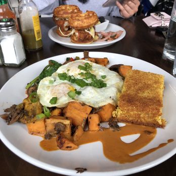 Four Friends Kitchen - Mushroom sweet potato hash and southern fried chicken and waffles - Southern Near Me - Denver, Colorado Four Friends Kitchen - Mushroom sweet potato hash and southern fried chicken and waffles - Southern Near Me - Denver, Colorado