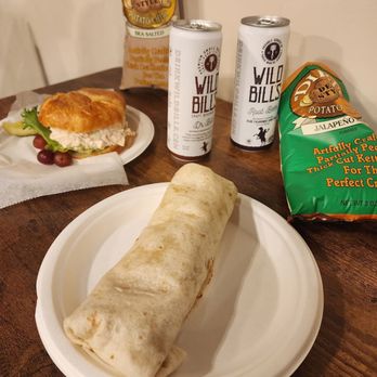 Cedar Creek Market - Chicken Salad Sandwich on a croissant, Burrito New Mexico with cheesy roast beef, chips, and Wild Bill soft drinks. - Ice Cream & Frozen Yogurt Near Me - Ruidoso, New Mexico
