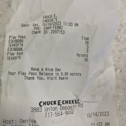 the receipt for chuck e cheese