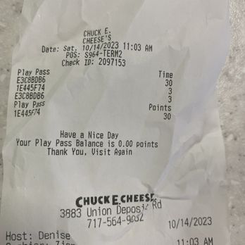 Chuck E. Cheese - the receipt for chuck e cheese - Arcades Near Me - Harrisburg, Pennsylvania