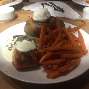 The Landing Cafe - Salmon with Loaded Baked Potato and Sweet Potato Fries - New American Near Me - Murphy, North Carolina