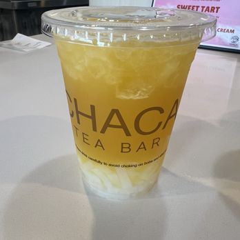 Chaca Tea Bar - Mango Green Tea with Lychee Jelly - Bubble Tea Near Me - Banning, California Chaca Tea Bar - Mango Green Tea with Lychee Jelly - Bubble Tea Near Me - Banning, California