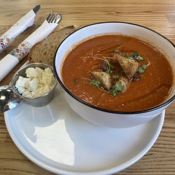 Brunch & Bloom Artisan Cafe - Tomato soup with side of feta and sourdough bread - Breakfast & Brunch Near Me - Brentwood, California Brunch & Bloom Artisan Cafe - Tomato soup with side of feta and sourdough bread - Breakfast & Brunch Near Me - Brentwood, California