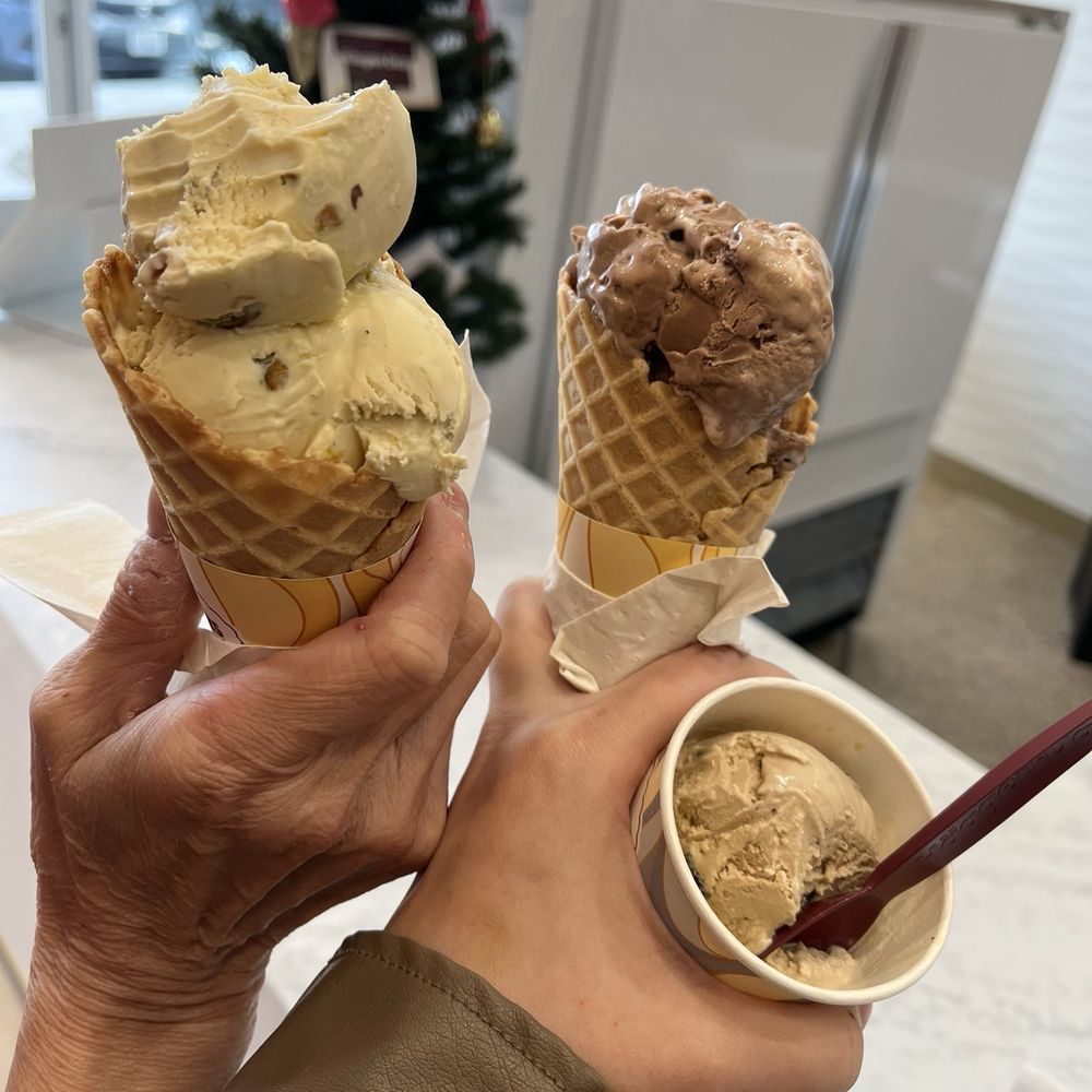 Pistachio on a waffle cone, Rocky Road in a waffle cone, an a kids size Coffee Chip