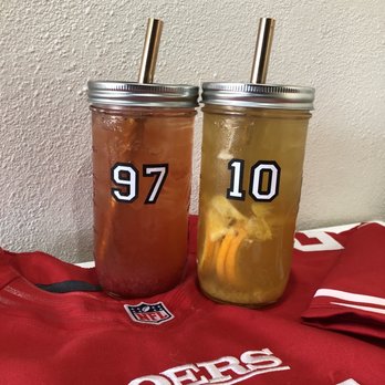 Feng Cha Teahouse - Red and gold boba before the Super Bowl! Strawberry overload and citrus lord. Cups from @bettybobaco - Desserts Near Me - Newark, California