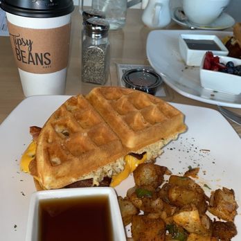 Tipsy Beans Cafe - Egg, cheese and bacon waffle sandwich, vanilla and lavender latte - Bars Near Me - Williamsburg, Virginia Tipsy Beans Cafe - Egg, cheese and bacon waffle sandwich, vanilla and lavender latte - Bars Near Me - Williamsburg, Virginia