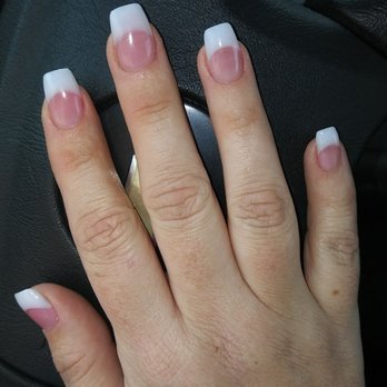 T & C Nails - American Manicure acrylic full set using american white powder and medium pink powder, done by Kim. - Nail Salons Near Me - Haltom City, Texas
