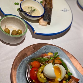 Casa Benigna - salad and salmon - Arroceria / Paella Near Me - Madrid, M