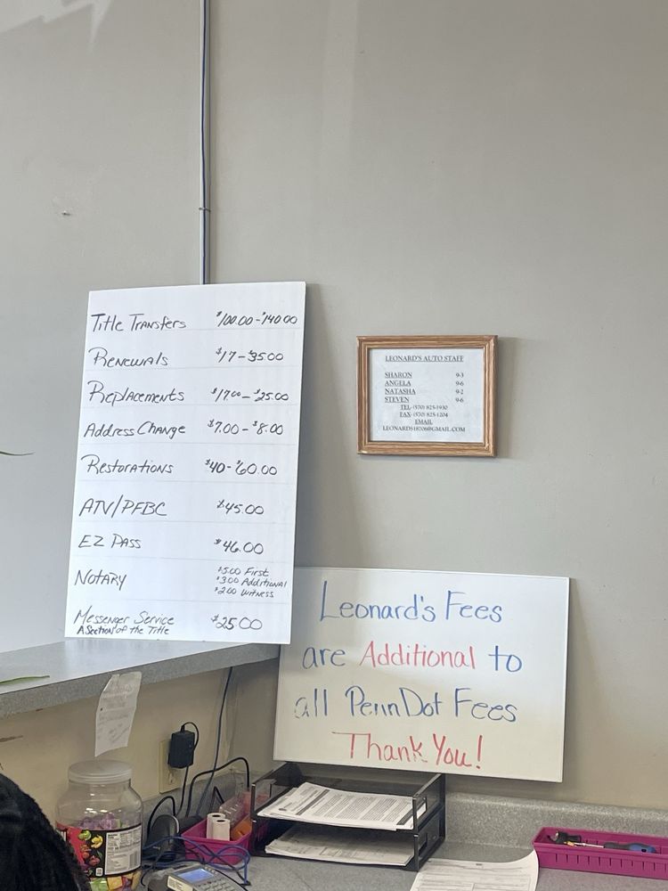 LEONARD’S AUTO TAG SERVICE Updated September 2024 850 Sans Souci