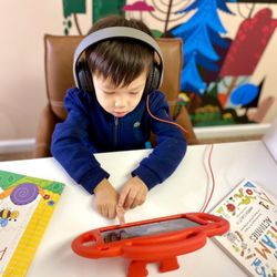 Work & Tot - Working hard in Learning Pod, perfect set up to minimize distractions.