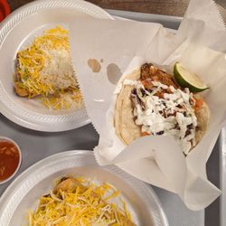 West Coast Taco Shop - Rolled tacos, fish taco, shrimp taco, chips and queso.
