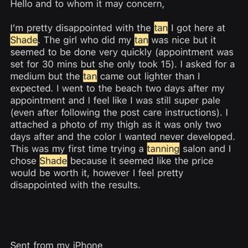Shade - Email I sent expressing disappointment with no reply. - Spray Tanning Near Me - San Francisco, California Shade - Email I sent expressing disappointment with no reply. - Spray Tanning Near Me - San Francisco, California