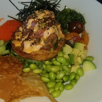 Yard House - Their interpretation of a poké bowl. Not impressed. That patty in the middle is a flavorless pressed rice cake. - Vegetarian Near Me - Gaithersburg, Maryland Yard House - Their interpretation of a poké bowl. Not impressed. That patty in the middle is a flavorless pressed rice cake. - Vegetarian Near Me - Gaithersburg, Maryland
