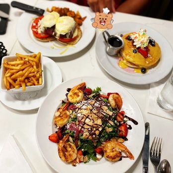 JAM Eateries - Steak Benedict, fruity pebbles pancake, strawberry balsamic salad, side of fries. - Breakfast & Brunch Near Me - Ellicott City, Maryland