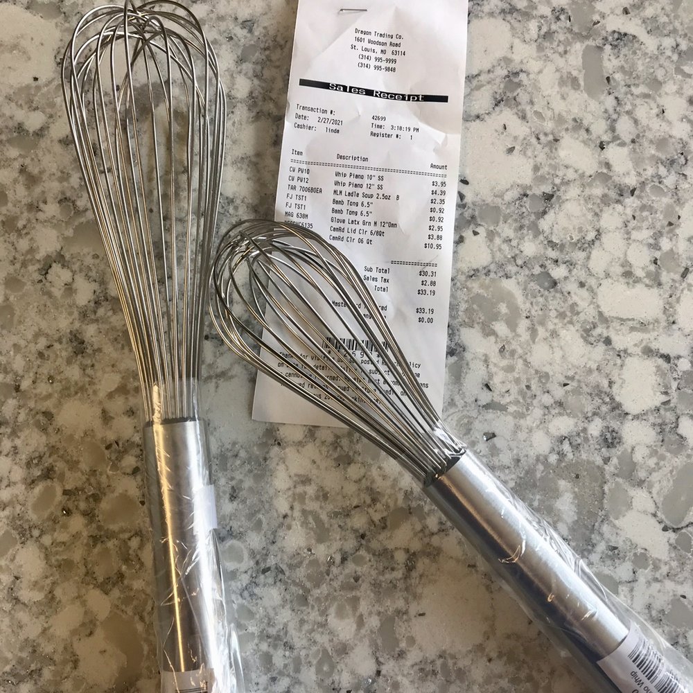 "Piano Whip" 10" & 12" (restaurant quality, heavy duty Whisks). These would be FAR more expensive at Williams & Sonoma. "Piano Whip" 10" & 12" (restaurant quality, heavy duty Whisks). These would be FAR more expensive at Williams & Sonoma.