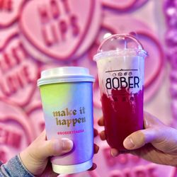 Bober Tea & Coffee - Pandan Mung Bean Latte and Pink Pear Jasmine Chisu Tea