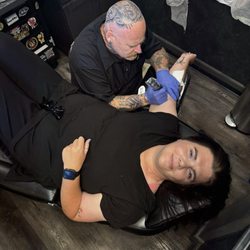 Frontline Tattoo Oceanside - Me getting tattooed by PJ