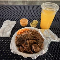 Tacos Los Primitos - Carne Asada plate with rice and beans! Pina Drink.
