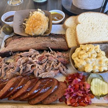 Fire + Smoke BBQ - 3 Protein + 2 side order. Brisket, Pulled Pork and Jalapeño sausage. The 2 side Cheesy potatoes and good ole Mac and Cheese - Barbeque Near Me - Cedar City, Utah