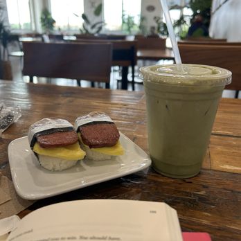 Kona Reserve Coffee - Spam musubi and iced strawberry Matcha latte with coconut milk - Coffee & Tea Near Me - Katy, Texas