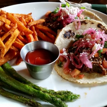 Agave - Two beef tacos with sweet potato fries and grilled asparagus - Cocktail Bars Near Me - Seattle, Washington
