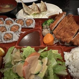 Bento with Katsu & salmon roll, gyoza.. Bento with Katsu & salmon roll, gyoza..
