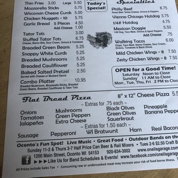 The Garage - the menu for the garage - Bars Near Me - Oconto, Wisconsin