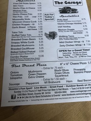 Menu photo 1 The Garage Oconto, WI