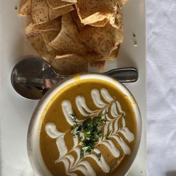 Paradise Beach Grille - Butternut Squash Soup with a side of house-made Chinese taro chips - New American Near Me - Capitola, California Paradise Beach Grille - Butternut Squash Soup with a side of house-made Chinese taro chips - New American Near Me - Capitola, California