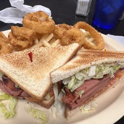 Snack Shop Family Restaurant - Fried bologna sandwich with half fries and half onion rings
