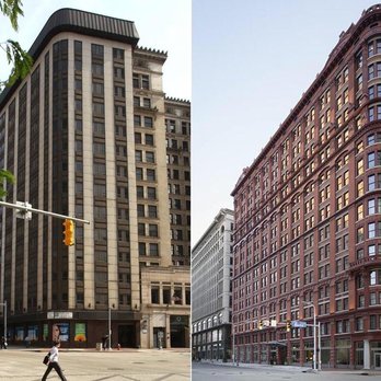 Kimpton Schofield Hotel - Before and after renovation. Portions of the historic terra cotta were reconstructed. One of the only examples in modern history of its kind - Hotels Near Me - Cleveland, Ohio