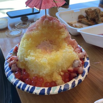 Aloha Express - Lilikoi and Strawberry Shave Ice $5.99- you can see the strawberry ice cream center - Hawaiian Near Me - Visalia, California