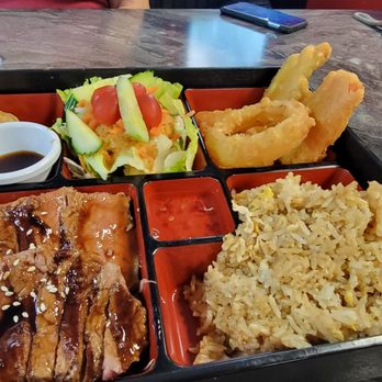 Fire Thai Fusion - bento w/ soup not pictured ,gyoza, spring roll, house salad w/ ginger dressing, veg tempura, hibachi steak over cabbage, egg fried rice. - Thai Near Me - Fort Walton Beach, Florida Fire Thai Fusion - bento w/ soup not pictured ,gyoza, spring roll, house salad w/ ginger dressing, veg tempura, hibachi steak over cabbage, egg fried rice. - Thai Near Me - Fort Walton Beach, Florida