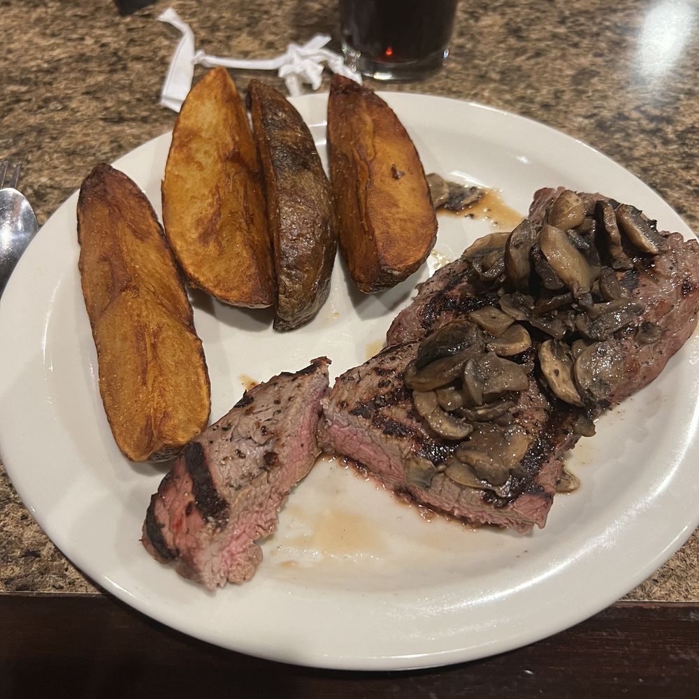 Cattle Baron - Club steak (I believe) with sautéed mushrooms and steakfries - Steakhouses Near Me - Ruidoso, New Mexico Cattle Baron - Club steak (I believe) with sautéed mushrooms and steakfries - Steakhouses Near Me - Ruidoso, New Mexico