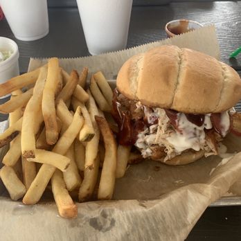 Big Rs Hog And Dogs - Smoked Pulled Chicken Bacon Ranch w/ Fries - Barbeque Near Me - Farwell, Michigan Big Rs Hog And Dogs - Smoked Pulled Chicken Bacon Ranch w/ Fries - Barbeque Near Me - Farwell, Michigan