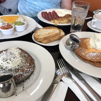 Bea Bea's - Bottom left is black sesame pancakes, bottom right Thai tea pancakes, top left breakfast burrito, top right eggs with bacon and hash browns - Coffee & Tea Near Me - Burbank, California Bea Bea's - Bottom left is black sesame pancakes, bottom right Thai tea pancakes, top left breakfast burrito, top right eggs with bacon and hash browns - Coffee & Tea Near Me - Burbank, California