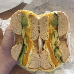 Avocado, Egg & Cheese (sub cheddar) on Onion Bagel Avocado, Egg & Cheese (sub cheddar) on Onion Bagel