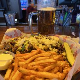 Philly Cheese, Fire Fries and a tall Yuengling.