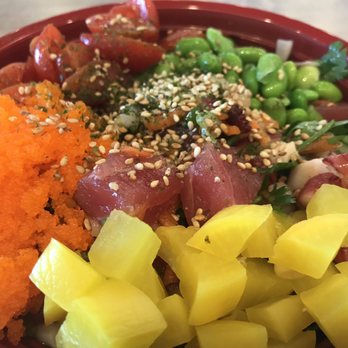 Poke One - Poke One- San Bruno California Poke bowl with tuna, octopus and salmon. Topped with daikon radish pickles, soy beans (edamame) - Seafood Near Me - San Bruno, California Poke One - Poke One- San Bruno California Poke bowl with tuna, octopus and salmon. Topped with daikon radish pickles, soy beans (edamame) - Seafood Near Me - San Bruno, California