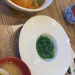 Spicy ramen , seaweed salad, and miso soup Spicy ramen , seaweed salad, and miso soup