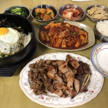 Korean Mart - Bimbibap, spicy noodles, and combo meat plate. Total less than $35 for all of this. - Korean Near Me - Fresno, California Korean Mart - Bimbibap, spicy noodles, and combo meat plate. Total less than $35 for all of this. - Korean Near Me - Fresno, California