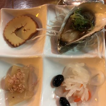 Sushi NAKATA - top left to right: tamago, oyster bottom left to right: pickled radish (?) with dried fish (?) and some type of japanese bean (per server) - Sushi Bars Near Me - Monrovia, California Sushi NAKATA - top left to right: tamago, oyster bottom left to right: pickled radish (?) with dried fish (?) and some type of japanese bean (per server) - Sushi Bars Near Me - Monrovia, California