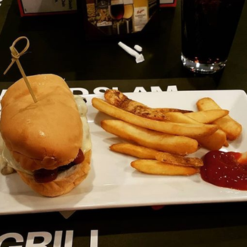 Grand Slam Grill - Steak sandwich (NY strip on roll with provolone, sauteed mushrooms, onions, and house-made steak sauce) with steak fries. (Shared entree) - New American Near Me - Olean, New York