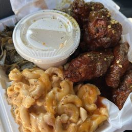 Macaroni and cheese, greens, spicy lemon pepper wings Macaroni and cheese, greens, spicy lemon pepper wings