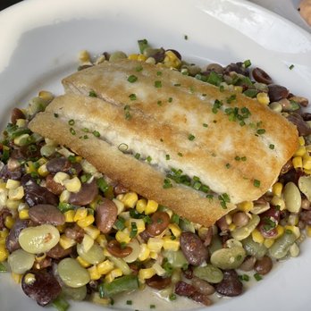 Grace & Grit - PAN SEARED FLOUNDER with BOILED PEANUT SUCCOTASH (GF) Butterbeans, Corn, Snow Peas, Bacon, Heirloom Beans, Boiled Peanuts, Tarragon Cream. - Southern Near Me - Mount Pleasant, South Carolina Grace & Grit - PAN SEARED FLOUNDER with BOILED PEANUT SUCCOTASH (GF) Butterbeans, Corn, Snow Peas, Bacon, Heirloom Beans, Boiled Peanuts, Tarragon Cream. - Southern Near Me - Mount Pleasant, South Carolina
