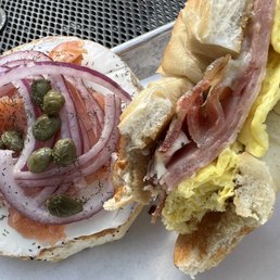 Smoked Salmon Bagel and Best Damn Bagel: I wanted both, so I traded half my breakfast bagel for my boyfriend's other salmon bagel half. Smoked Salmon Bagel and Best Damn Bagel: I wanted both, so I traded half my breakfast bagel for my boyfriend's other salmon bagel half.