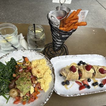 What a Dish Cafe & Catering - Brunch Bowl, Mixed Berry Crepes, Side Sweet Potato Fries - Caterers Near Me - Dana Point, California
